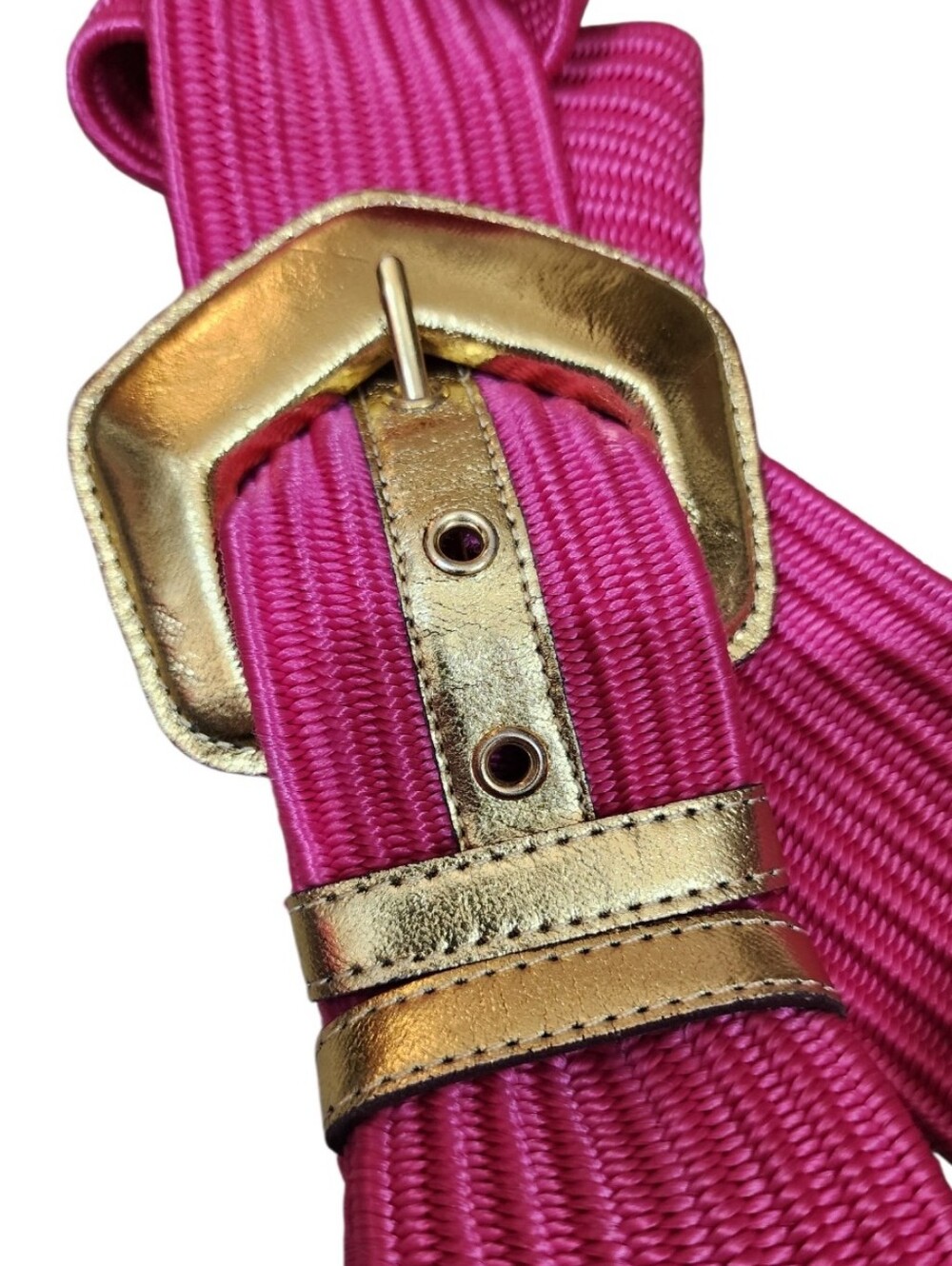 LESLIE FAY Vintage 1980s Hot Pink Woven Belt Gold Statement Buckle Size L